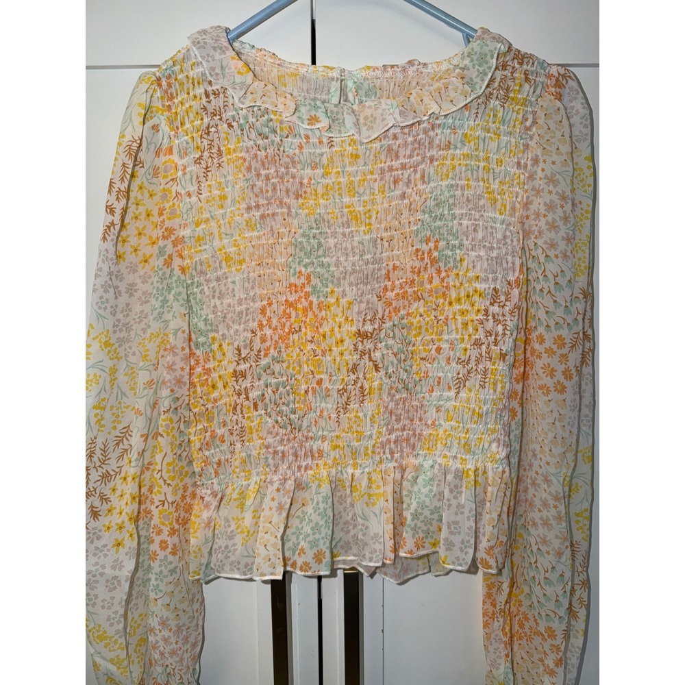 West Fade Floral Smocked Peplum Blouse Long Sleeve Chiffon Top Orange Yellow M